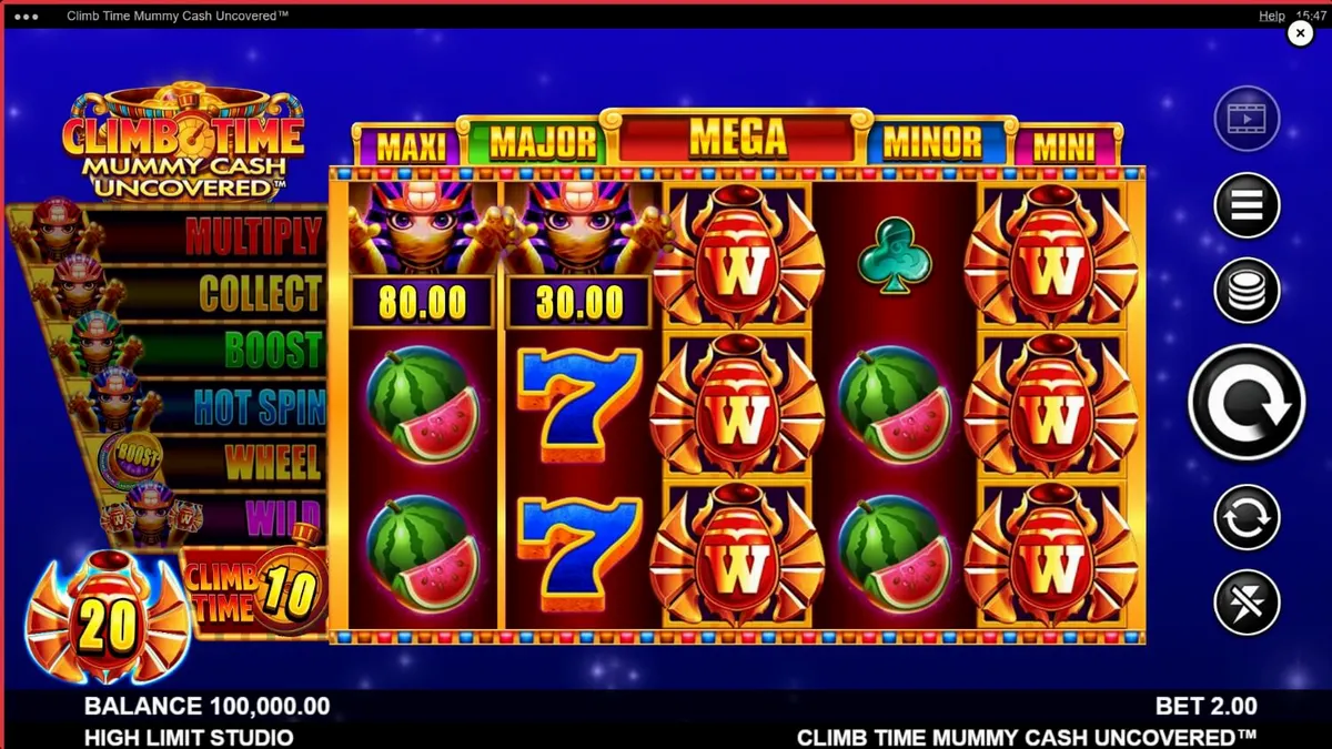 Layar permainan slot Climb Time Mummy Cash Uncovered dengan tema Mesir Kuno dan simbol jackpot.