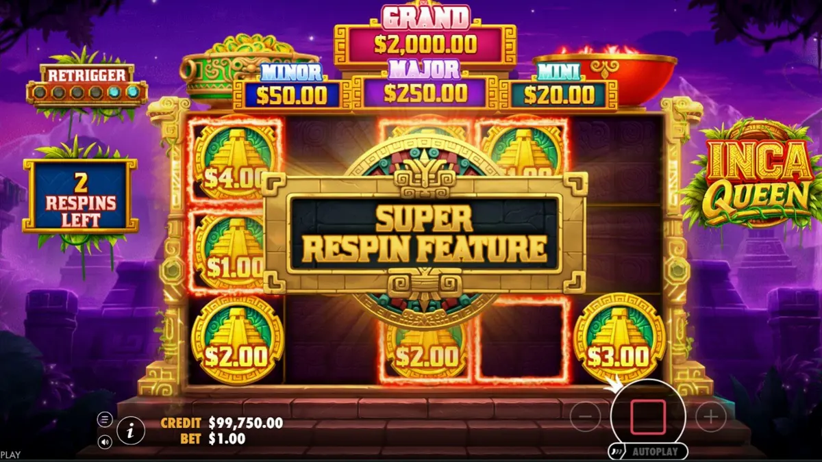 Tampilan antarmuka mobile slot Inca Queen dengan latar belakang pegunungan Incan